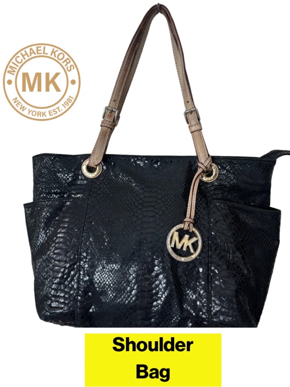 MICHAEL KORS 🖤 Luxe Black Snakeskin Shoulder Purse, Tan Straps, Gold Medallion